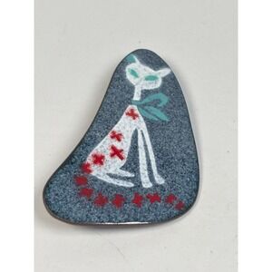 Mid Century Enamel Cat Pin Brooch MCM Atomic Starburst Kitty White Turquoise Eye